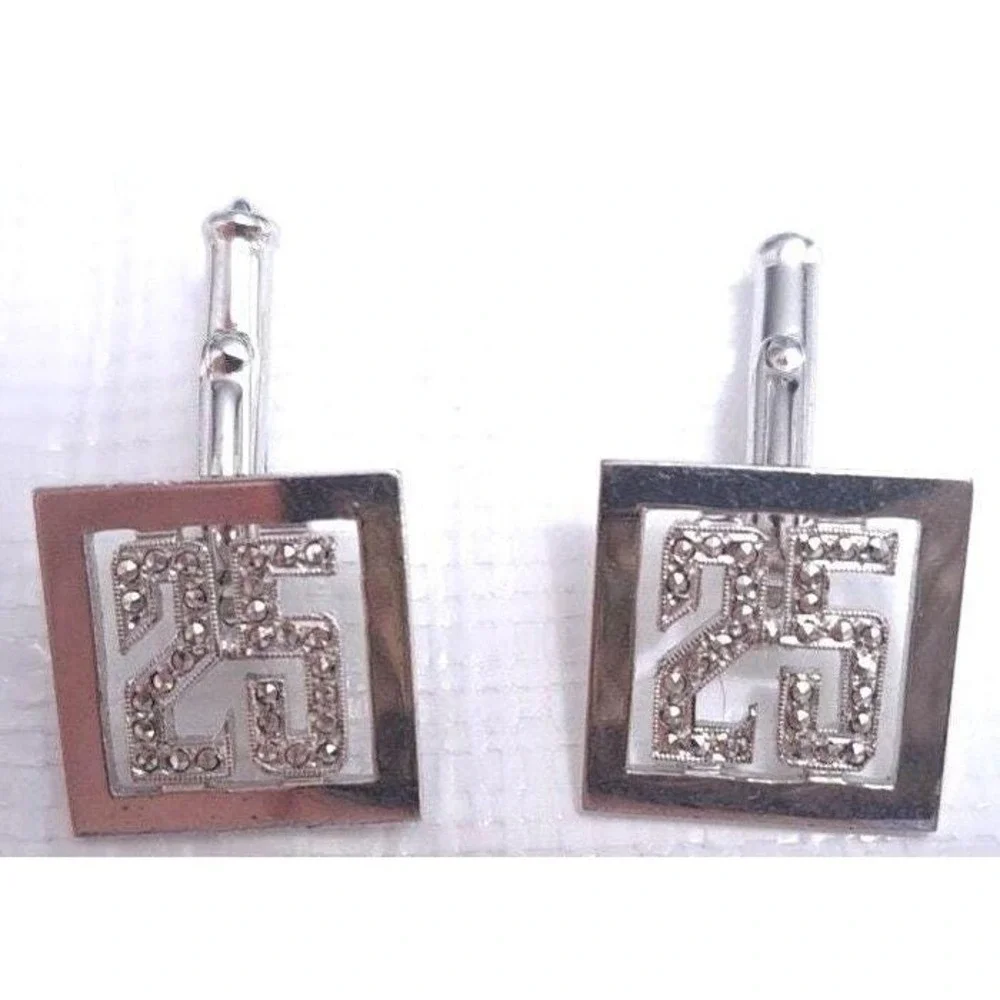 Vintage 25 Anniversary Cufflinks Mens Silver Tone Marcasite Rhinestone Square